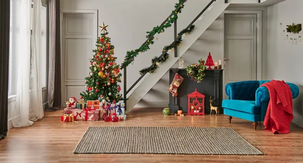 Decorative Noel and New Year interior living room concept, home style, furniture, Christmas tree. Happy new year at house concept.