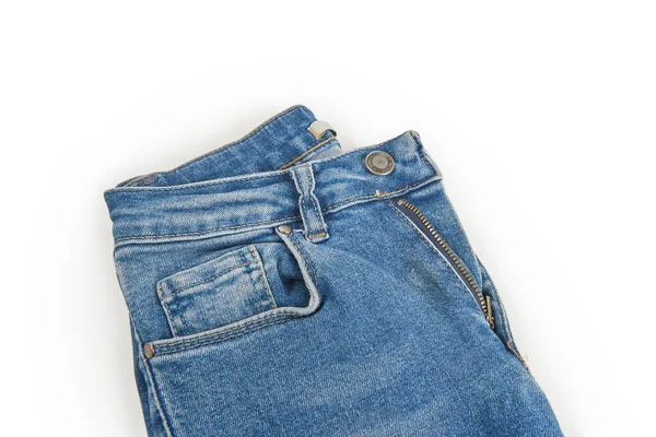 Blue Jeans Knopf Isoliert Auf Weißem Hintergrund Gefaltet Trendy Stilvoll — Stockfoto
