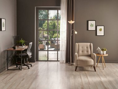 Masa ve bilgisayar tarzıyla dekoratif çalışma odası, ofis içi, masa sandalyesi ve lamba ile çerçeve tarzı.