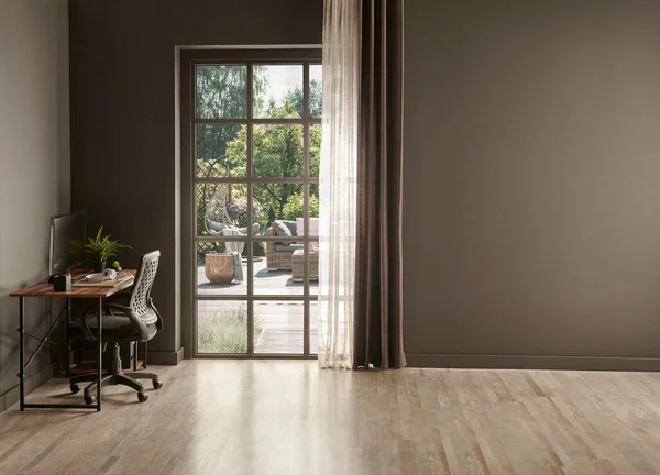 Masa ve bilgisayar tarzıyla dekoratif çalışma odası, ofis içi, masa sandalyesi ve lamba ile çerçeve tarzı.