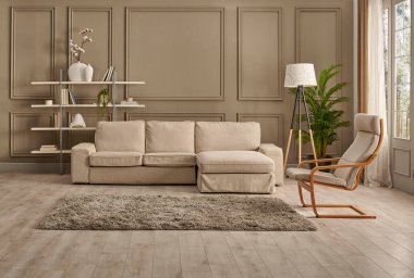 Kanepe ve beyaz kitaplık, aksesuar tarzı, bitki vazosu, lamba süslemesi ve halı ile kahverengi duvar arka planı.