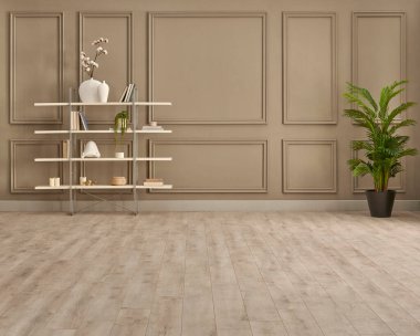 Kahverengi duvar arkaplanı beyaz kitaplık süsleme sepeti ve sallanan sandalye halısı ve lamba.