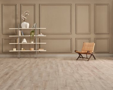 Kahverengi duvar arkaplanı beyaz kitaplık süsleme sepeti ve sallanan sandalye halısı ve lamba.