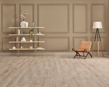 Kahverengi duvar arkaplanı beyaz kitaplık süsleme sepeti ve sallanan sandalye halısı ve lamba.