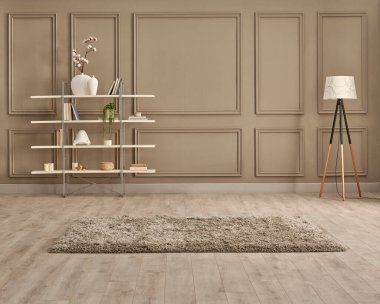 Kahverengi duvar arkaplanı beyaz kitaplık süsleme sepeti ve sallanan sandalye halısı ve lamba.