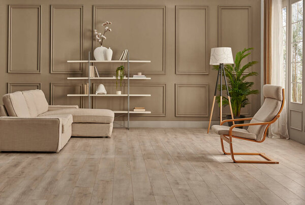 Коричневый классический фон стены с диваном и белая книжная полка книжный аксессуар стиль, ваза растений, украшение лампы и ковер.