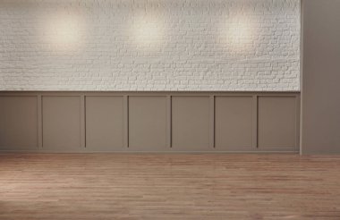 Beyaz tuğla duvar ve kahverengi klasik arka plan, lamba ışığı, boş oda konsepti.