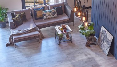 Gri kanepe çekim manzarası, halı parke tasarımı orta masa ve vazo bitki tarzı.