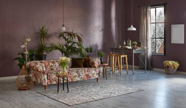 Metal mutfak masalı çiçek desenli kanepe, uzun sandalye ve yeşil bitki bitkisi vazosu, beyaz lamba..