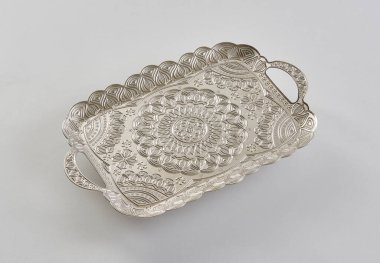 Gold and silver tray, zinc handmade white background isolated style.