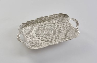 Gold and silver tray, zinc handmade white background isolated style.