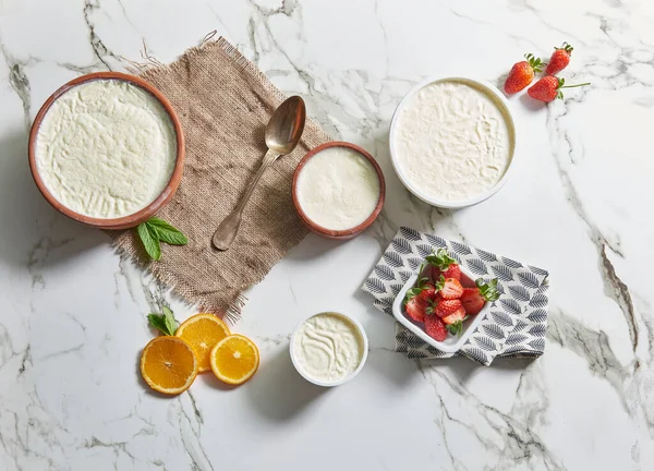 Group Yogurt Natural Healthy Lifestyle Marble Background — Stock Fotó