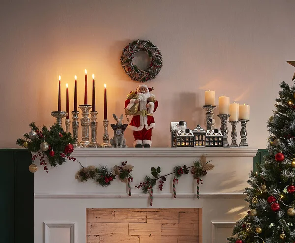 Christmas Fireplace Wall Interior Room Concept Candle Tree Ornament Present — Fotografia de Stock