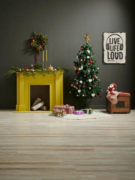 Vánoční Novoroční Styl Šedém Pokoji Žlutým Krbem Židle Dárkové Krabice — Stock fotografie