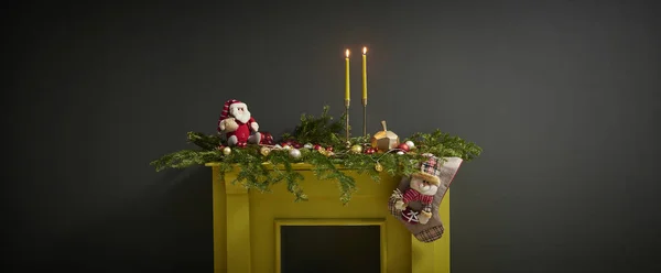 Close Kamin Und Weihnachtsschmuck Und Kerzenstil — Stockfoto