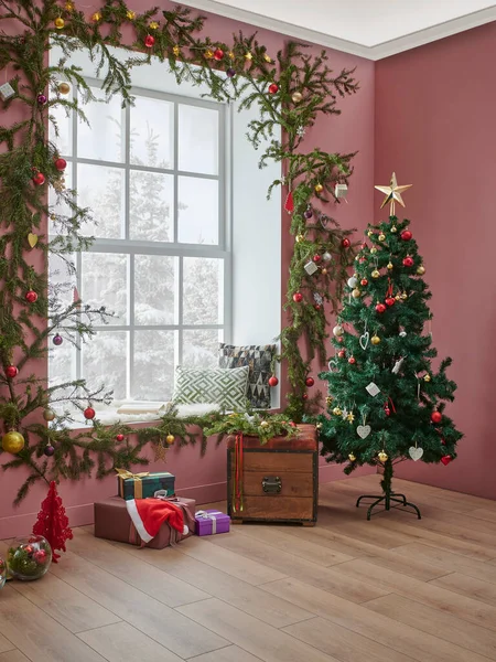 Vánoční Design Interiéru Místnosti Před Okny Zasněžený Výhled Zahrady Židle — Stock fotografie