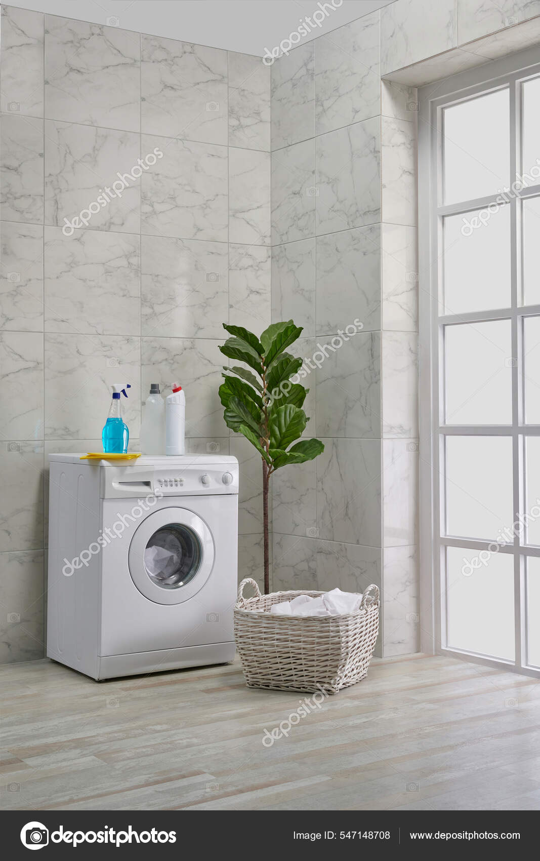 Graue Waschküche, Wanne, Waschmaschine Stock Abbildung