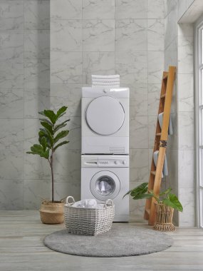 Arka arkaya çamaşır ve kurutma makinesi, dekoratif banyo tarzı, köşe kavramı..