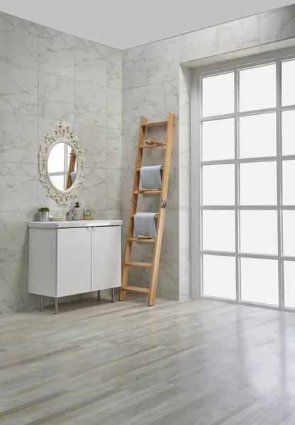 Canto Sala Banho Moderno Armário Branco Pia Espelho Objetos Decorativos — Fotografia de Stock