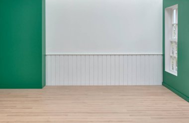 Modern oda beyaz arka plan konsepti, masa sandalyesi bitki nesnesi, kahverengi parke dekor, iç mimari.