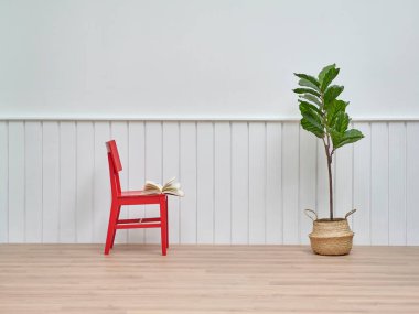 Modern oda beyaz arka plan konsepti, masa sandalyesi bitki nesnesi, kahverengi parke dekor, iç mimari.