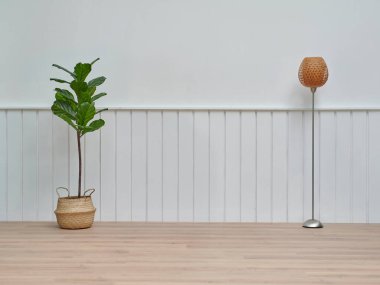 Beyaz duvar iç mekan tarzı, hiç kimse, lamba ve mobilya dekorasyonu, poster ve ev tasarımı.