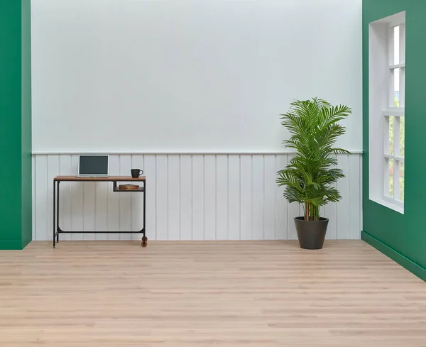 Bílé Zelené Pozadí Stěny Dřevěnou Židlí Notebookem Styl Parkety Rostlin — Stock fotografie