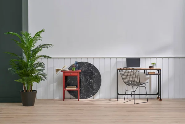 Белый Дизайн Рабочей Комнаты Деревянный Фон Оранжевая Лампа Мебель Зеленые — стоковое фото