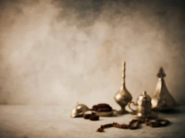 Ramadan Koncepcja Prezentacja Dat Tureckiej Kawy Taca Świeca Cynkowa Lampa — Zdjęcie stockowe