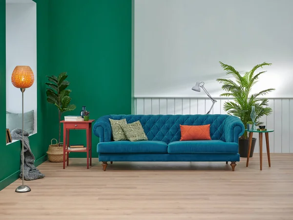 Zelená Bílá Koncepce Obývacího Pokoje Modrá Pohovka Oranžový Polštář Prostřední — Stock fotografie