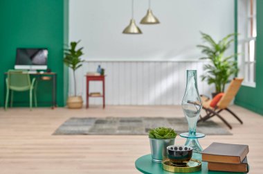 Oturma odası süsünü, aksesuar stilini, oturma odası dekorasyonunu, lamba koltuğu mobilya tasarımını kapat..