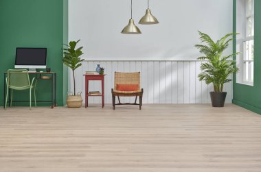 Duvar ve arkaplan odası ev tarzı, beyaz ve yeşil konsept, çalışan masa lambası vazosu..