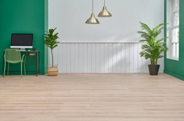 Duvar ve arkaplan odası ev tarzı, beyaz ve yeşil konsept, çalışan masa lambası vazosu..