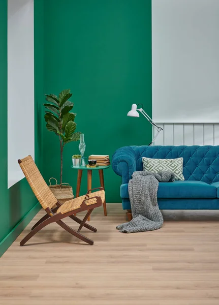 Divano Blu Cuscino Decorazione Coperta Concetto Verde Bianco Lampada Pianta — Foto Stock