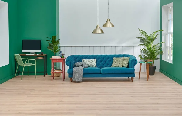 Moderna Decoração Casa Parede Mobiliário Detalhe Sofá Azul Travesseiro Tapete — Fotografia de Stock
