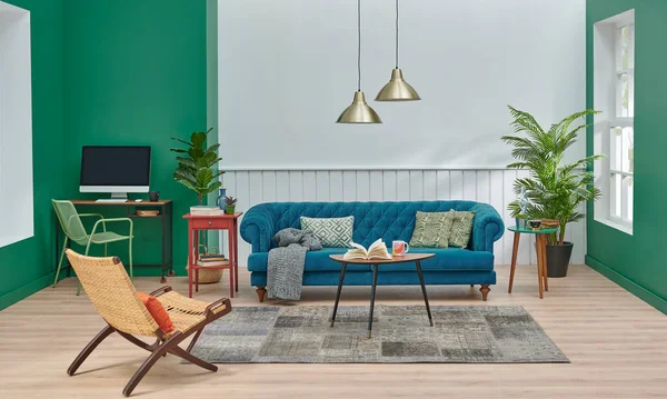 Moderne Dekoration Wand Und Möbel Detail Blaues Sofa Und Kissen — Stockfoto