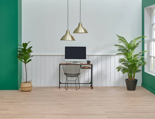 Wand Achtergrondkamer Huisstijl Wit Groen Concept Werktafel Computer Lamp Vaas — Stockfoto