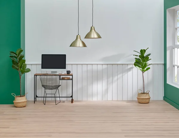 Wand Achtergrondkamer Huisstijl Wit Groen Concept Werktafel Computer Lamp Vaas — Stockfoto