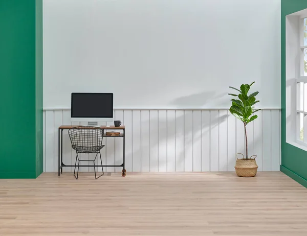 Wand Achtergrondkamer Huisstijl Wit Groen Concept Werktafel Computer Lamp Vaas — Stockfoto