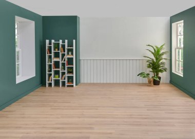 Boş oturma odası, beyaz kitaplık, vazo dolusu bitki, lamba, ev konsepti, kahverengi parke..