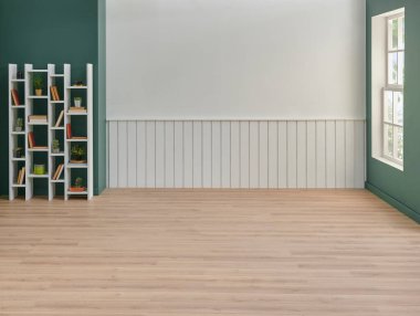 Boş oturma odası, beyaz kitaplık, vazo dolusu bitki, lamba, ev konsepti, kahverengi parke..