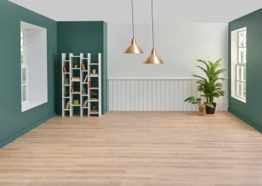 Boş oturma odası, beyaz kitaplık, vazo dolusu bitki, lamba, ev konsepti, kahverengi parke..