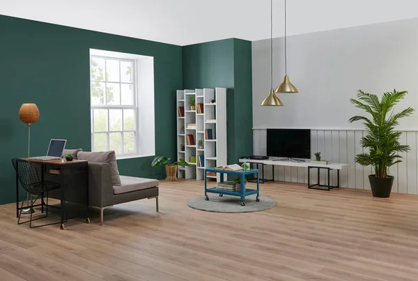 Modernes Wohnzimmerkonzept Mit Möbelobjekt Weißem Bücherregal Buch Fernseher Mitteltischlampe Teppichdetail — Stockfoto