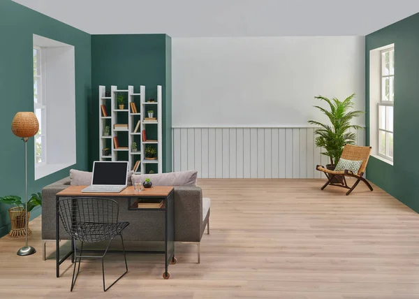 Dekorative Wohnzimmer Sofa Und Fernseher Stil Grün Weißen Wandhintergrund Bücherregal — Stockfoto