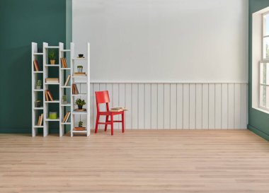 Beyaz ve yeşil duvar arkaplan odası, kitaplık, bitki ve halı parke dekorasyonu vazosu, iç mimari tarzı..