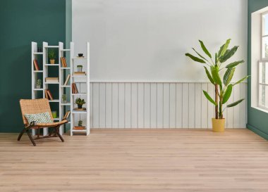 Beyaz ve yeşil duvar arkaplan odası, kitaplık, bitki ve halı parke dekorasyonu vazosu, iç mimari tarzı..