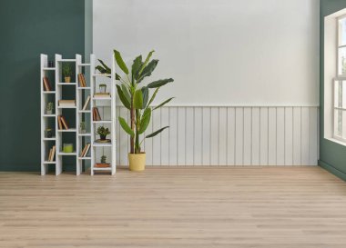 Beyaz ve yeşil duvar arkaplan odası, kitaplık, bitki ve halı parke dekorasyonu vazosu, iç mimari tarzı..