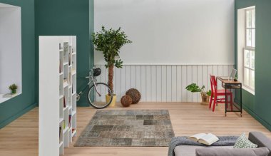 Yeşil ve beyaz oda arka plan stili, kanepenin köşesi detaylar, parke ve halı tasarımı, kitaplık ve bitki konsepti vazosu.