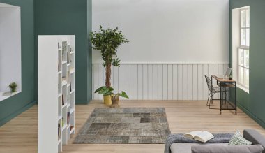 Yeşil ve beyaz oda arka plan stili, kanepenin köşesi detaylar, parke ve halı tasarımı, kitaplık ve bitki konsepti vazosu.