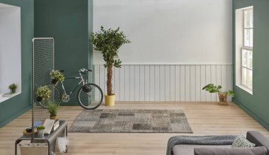 Yeşil ve beyaz oda arka plan stili, kanepenin köşesi detaylar, parke ve halı tasarımı, kitaplık ve bitki konsepti vazosu.